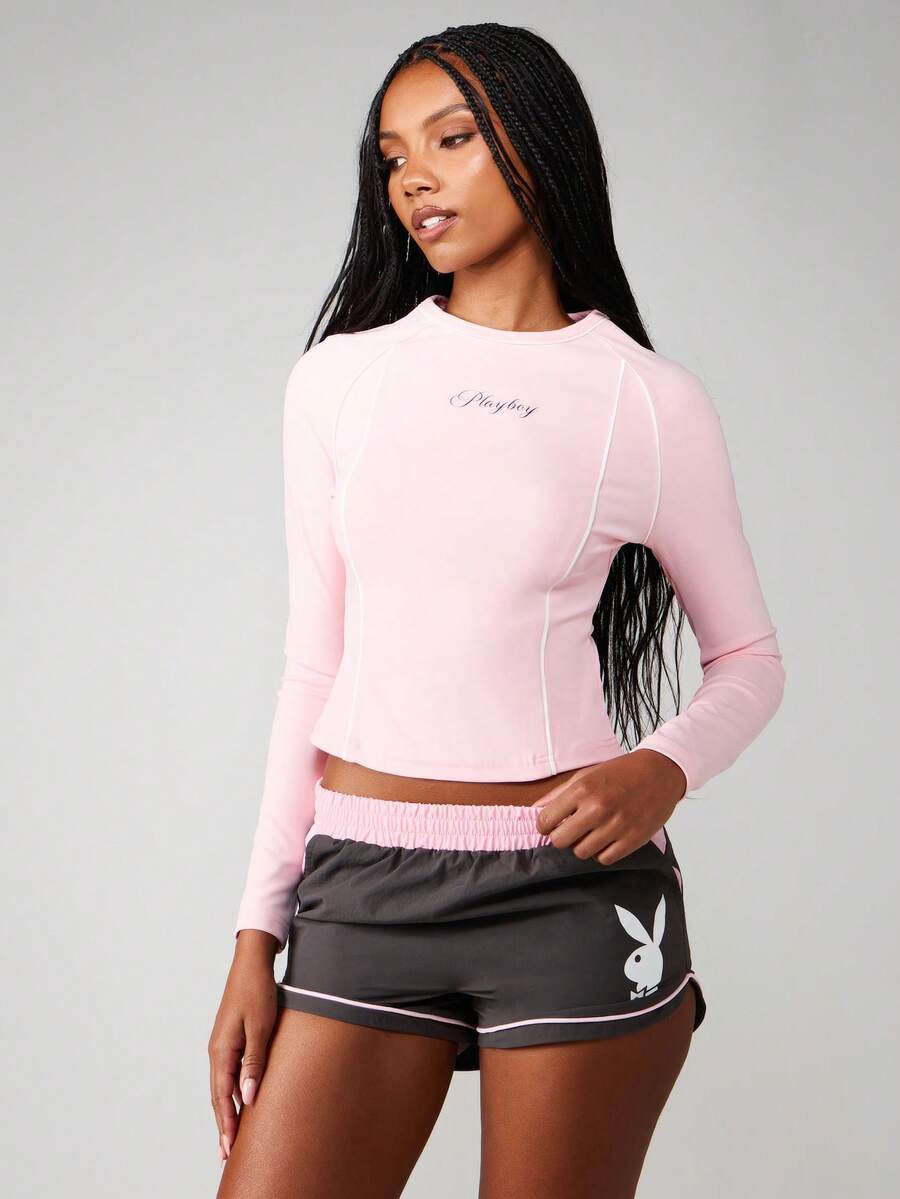 Missguided x Playboy 适合运动训练的长袖修身短款上衣，配有插肩袖 - 粉色 - 查看 1