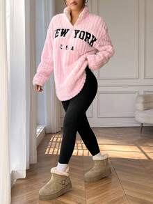 SHEIN EZwear 女士休闲羊毛衬里字母印花拉链连帽衫和裤子套装，粉色，秋冬连帽衫和运动裤套装，家居服和工作服，Y2K蓬松加厚两件套休闲套装，纽约女装，女士舒适服装 - 粉色 - 查看 6