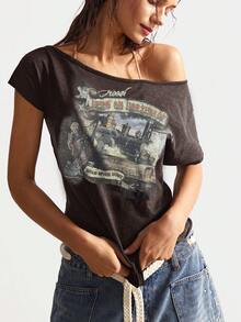 Bohemela BOHO Music Festival Casual Solid Color Knit Asymmetrical Neck Short Sleeve T-Shirt For Women - Black - View 1