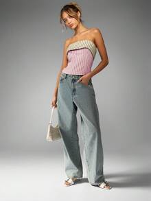 MISSGUIDED Áo crop top không dây sọc hai tông màu mùa hè xuân thường ngày nghỉ dưỡng bãi biển lễ hội không tay - Bụi hồng - Xem 6