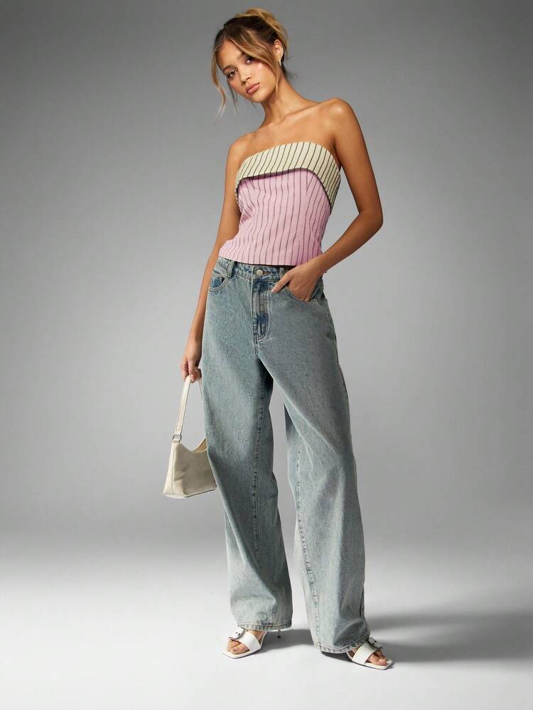 MISSGUIDED 스트랩 없는 밴도 크롭 탑 핀스트라이프 투 톤 여름 봄 캐주얼 휴가 비치 리조트 페스티벌 민소매