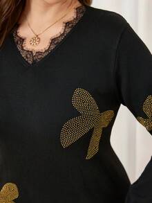 Lacomfia Đầm dệt kim tay dài đính nơ đính đá giả ren tương phản cỡ lớn thời trang thu đông cho nữ - màu đen - Xem 6