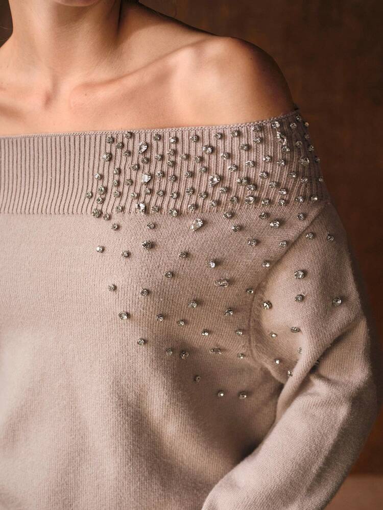 Fashionable & Elegant Off Shoulder Rhinestone Decorated Sweater, Autumn/Winter
