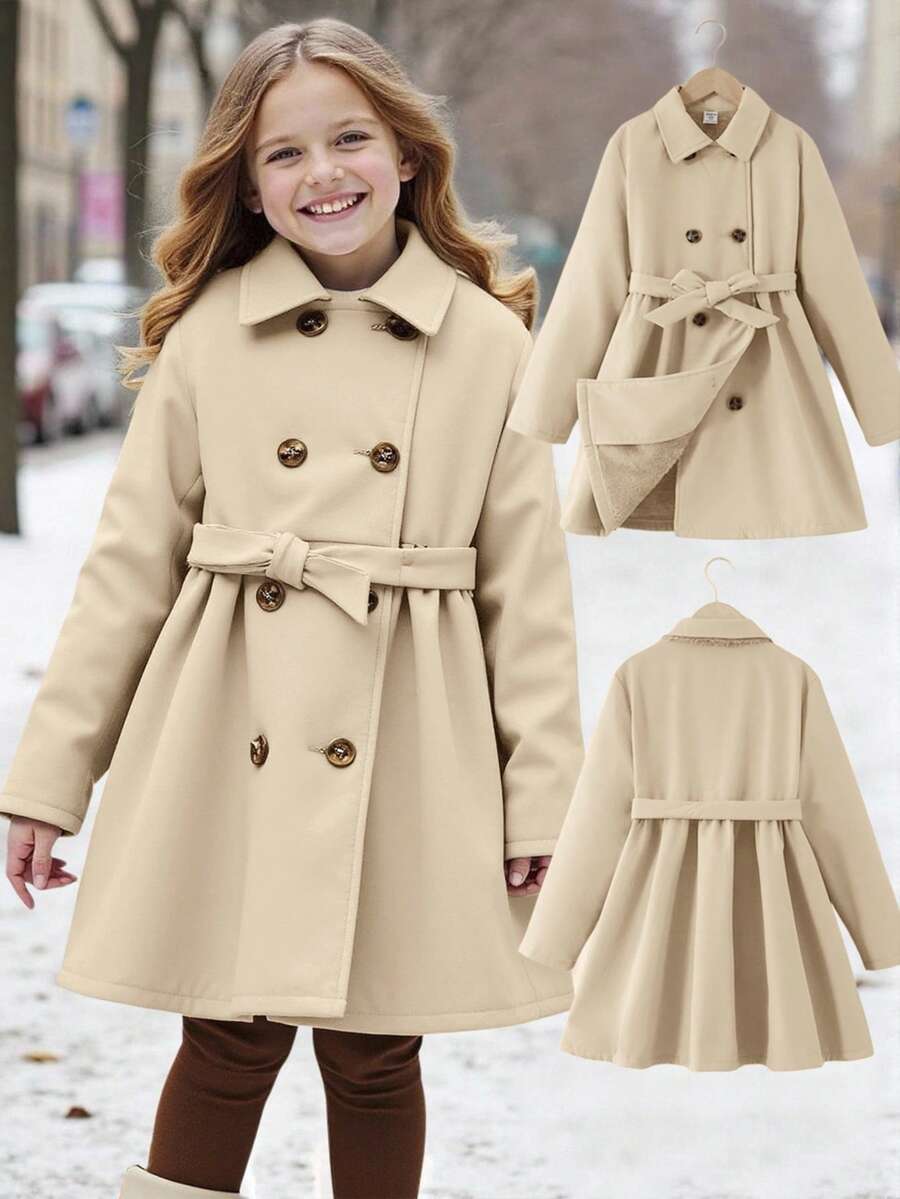 SHEIN Tween Girls Solid Simple Color Long Coat With Lapel, Suitable And Warm For Autumn Winter, Daily Wear, Casual Occasion, Back To School Girls Trench Coat Girls Winter Coat Kids Trench Coat Girls Coat