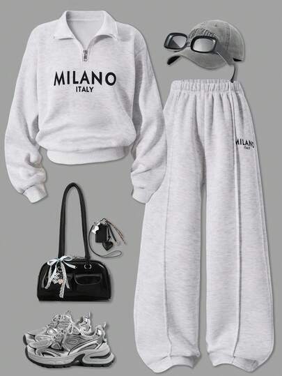 Sparklyn 2 件女童休闲半拉链立领长袖运动衫和字母印花慢跑裤套装，适合日常通勤