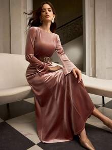 ZEYLAH Vestido formal elegante de mujer con volantes, de terciopelo y con strass en la cintura, para otoño/invierno - Rosa - Ver 1