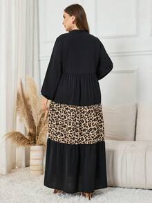 Al Najma Plus Size Women's Casual Patchwork Leopard Print Long Sleeve Loose Dress, Spring/Autumn
