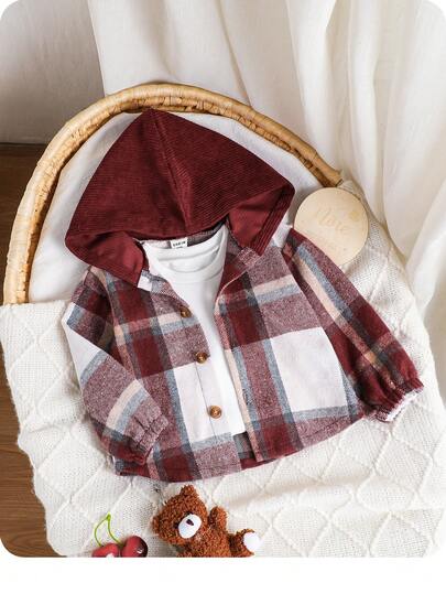 Baby Boy/Girl Casual Plaid Patchwork Woven Cardigan Shacket Unisex Baby Clothes Western Baby Boys Outfit Late Fall Baby Plaid Shirt Baby Boy Korean Style Jackets