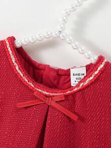 SHEIN Glamorique Kids 女婴优雅蝴蝶结 3D 花卉装饰无袖连衣裙，适合婚礼、派对、生日、度假、拍照、夏季 - 紅色 - 查看 5