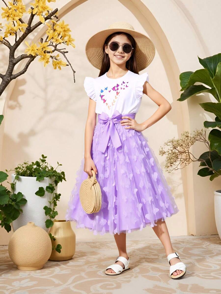 Vestido de verano para niñas preadolescentes con mariposas, flores 3D, elegante, cómodo y activo, ideal para vacaciones, verano y viajes - Púrpura malva - Ver 1
