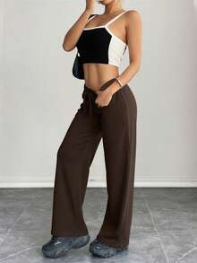 SHEIN PETITE 舒适休闲纯色针织低腰阔腿女式运动裤 - 棕色 - 查看 4