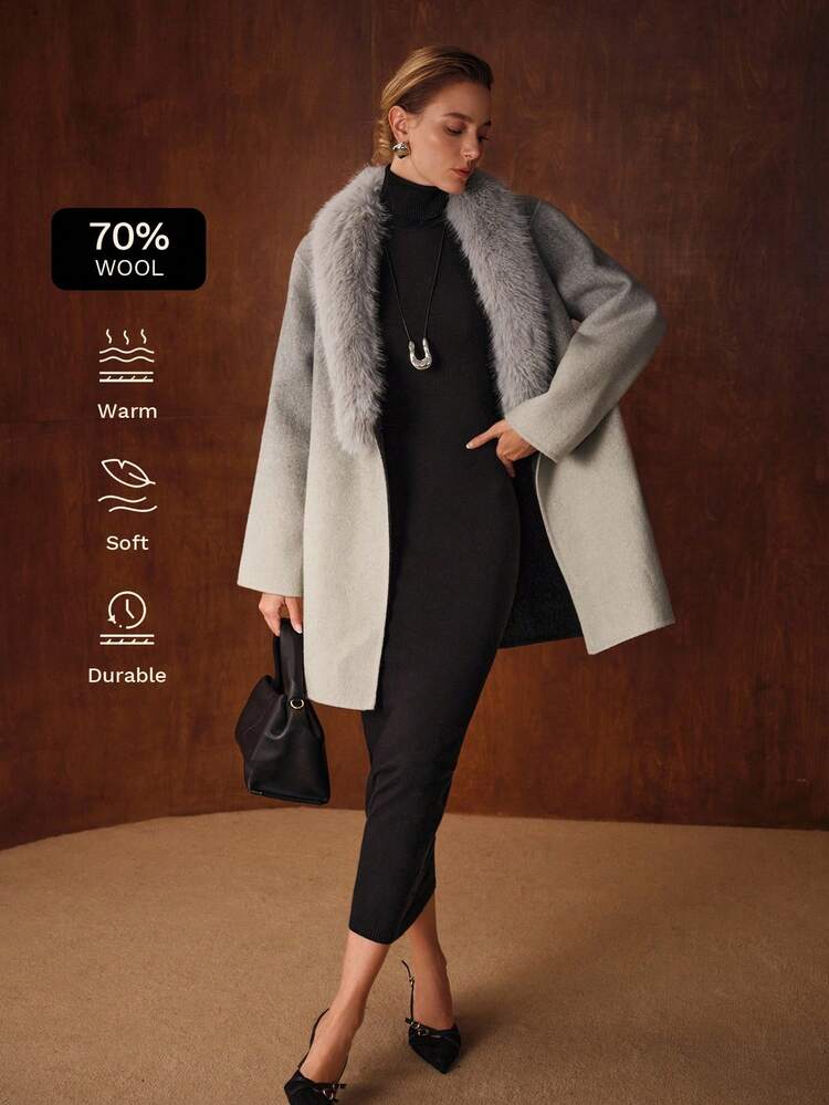 WOOL OMBRE FUZZY COLLAR BELTED OVERCOAT