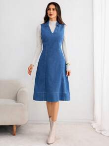 Selianne V领束腰水洗牛仔连衣裙 - 中等水洗藍 - 查看 6