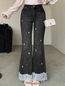 DAZY Quần Jeans Ống Loe Ôm Dáng Quyến Rũ Cho Nữ, Quần Thường Ngày Có Viền Ren Rỗng, Họa Tiết Hoa Thêu Chắp Vá - màu đen - Xem 4