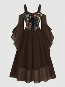 Sweetra Plus Size Printed Patchwork Bustier Tie Strap Flare Sleeve Dress - Brown - View 1