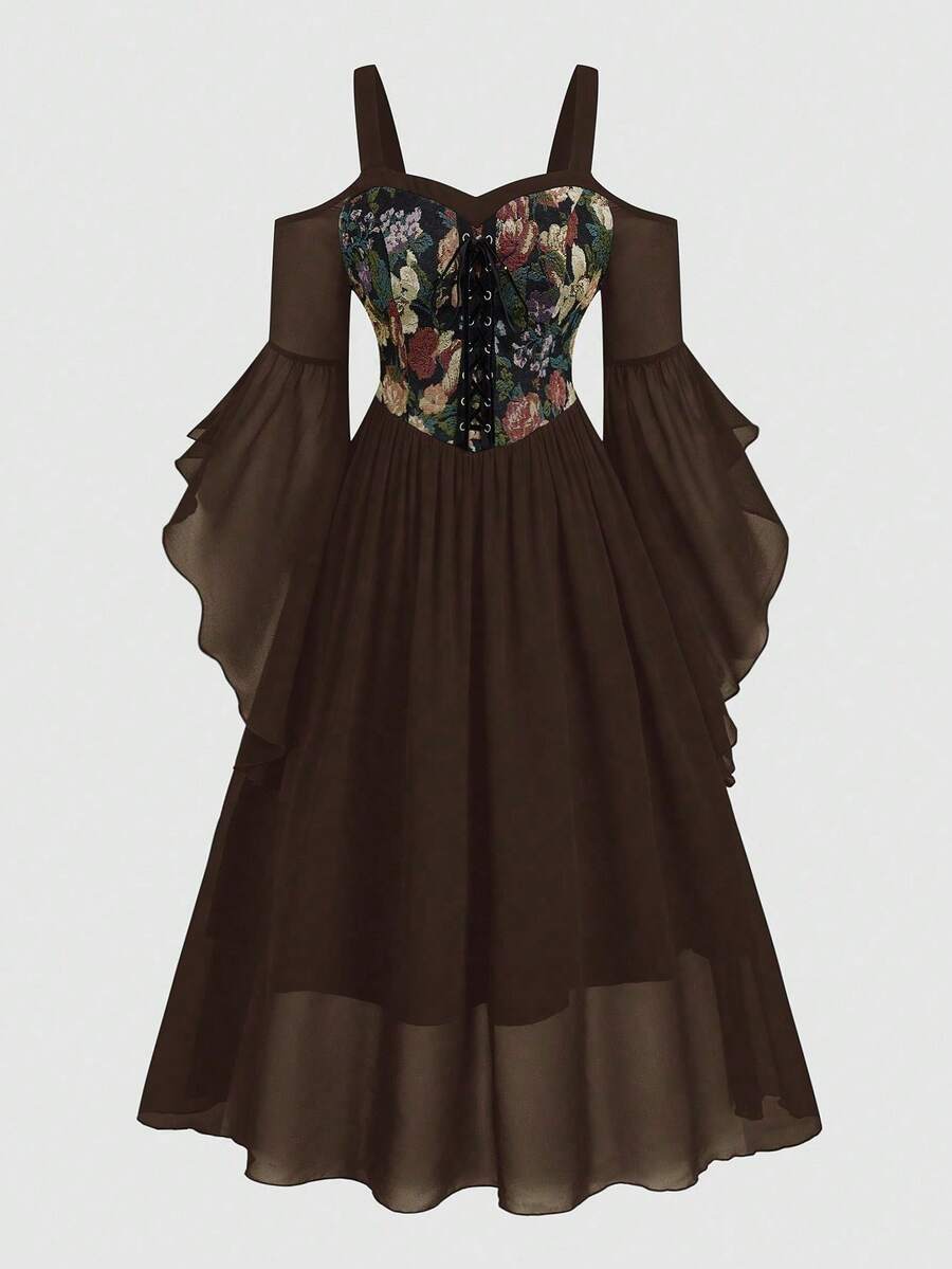 Sweetra Plus Size Printed Patchwork Bustier Tie Strap Flare Sleeve Dress - Brown - View 1