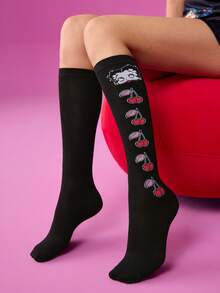 Betty Boop x SHEIN Letter And Badge Pattern Black Over-The-Knee Socks,Gift Ideas,Party,Holiday,Valentine's Day - Black - View 1