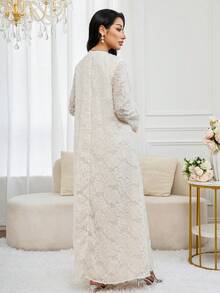 Al Najma 女士优雅V领长袖阿拉伯风格连衣裙 - 杏色 - 查看 2