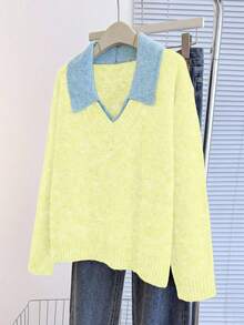 SHEIN LUNE V-Neck 2 In 1 Long Sleeve Sweater, Autumn/Winter - Light Yellow - View 3