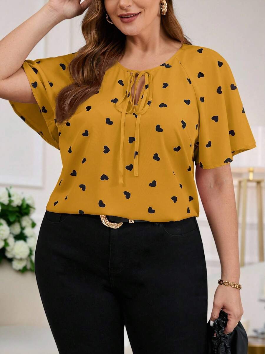 Reflora Plus Size Women Heart Ruffle Trim Tie Neck Summer Blouse - Yellow - View 1