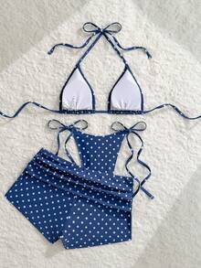 Vaytide Summer New Beach Vacation Party Afternoon Tea Blue & White Polka Dot Micro Triangle High Cut Side Tie Ruched 3 PiecesWomen Swimsuit Set Pokadot Bikini Navy Blue Bikini Set Polka Dot Bathing Suit Polkadot Bikini - Royal Blue - View 8