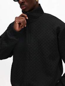 SUMWON Quarter Zip Funnel Neck Textured Sweatshirt With Zig Zag Pattern Design Plain - Brown - View 1