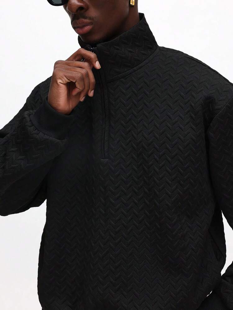 Quarter Zip Funnel Neck Textured Sweatshirt