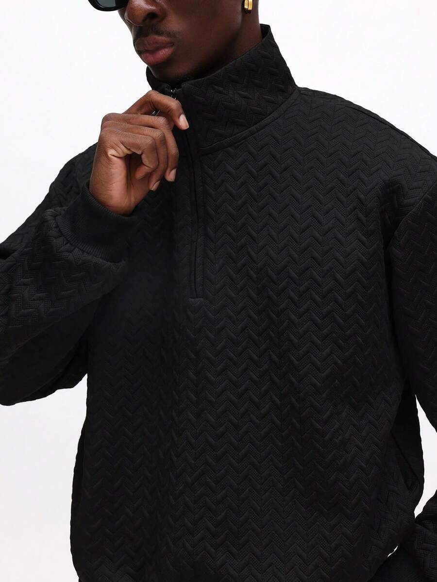SUMWON Quarter Zip Funnel Neck Textured Sweatshirt With Zig Zag Pattern Design Plain - Brown - View 1