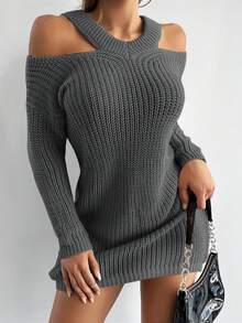 EURMUSE Cold Shoulder Sweater Dress Without Belt - Grey - View 6
