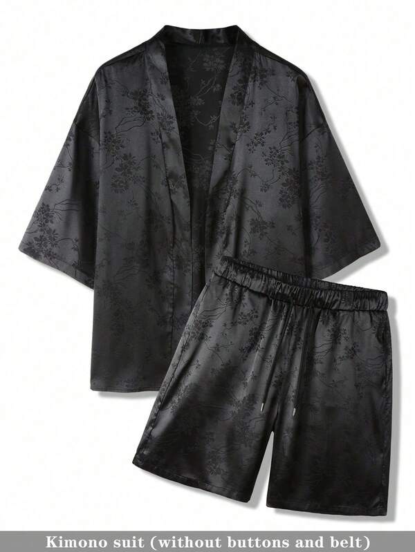 Manfinity RSRT Men's Floral Jacquard Open Front Loose Shirt And Shorts Set