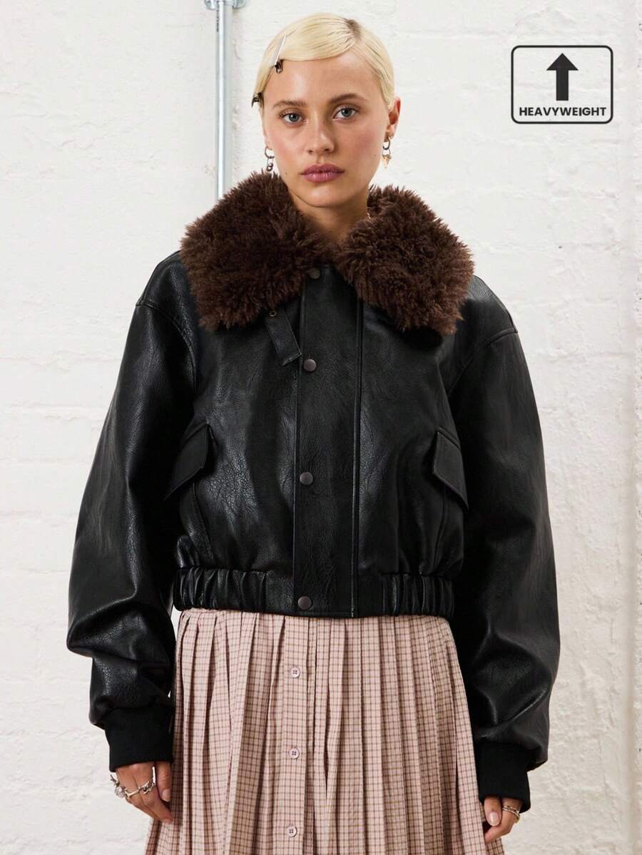 COUREZ Faux Leather PU Oversized Bomber Jacket Coat With Faux Fur Collar /Y2K Going Out Outfits Fall Women Clothes Winter Clothes For Women Gothic  Club Outfits Outerwear AW Women Sexy