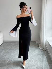 Elenzga Slit Off Shoulder Long Sleeve Fitted Elegant Party Dress For Women, Autumn/Winter