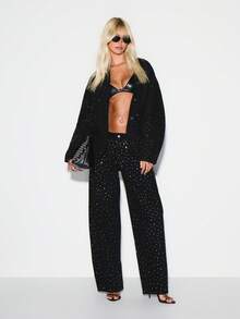 KIZN 宽松高腰阔腿装饰节日派对牛仔裤，带烫钻细节 - 黑色 - 查看 3