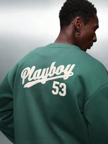 PLAYBOY X SUMWON Crop Fit Varsity Cardigan Sweatshirt With Button Front Closure And Logo Embroidery - Dark Green - View 4