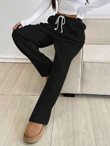 Flirla Women's Casual Drawstring Waist Pants - Black - View 6