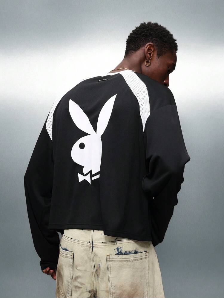 PLAYBOY X SUMWON Schwarzes, langärmliges, kurzes Sweatshirt mit Netzeinsätzen