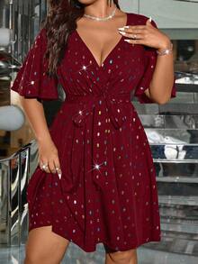 SHEIN Clasi Plus Size Women Laser Sequin Waist Flattering Elegant Light Cocktail Dress - Burgundy - View 6