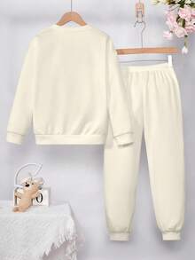 SHEIN Leap Crew 少女复古甜美豹纹蝴蝶结印花奶油白休闲宽松圆领舒适长袖套头卫衣，适合秋冬季节，两件套 - 彩色 - 查看 3