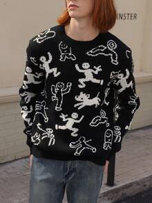 Manfinity Roghcode 男士休闲时尚街头全印花套头衫，秋冬 - 黑色 - 查看 1