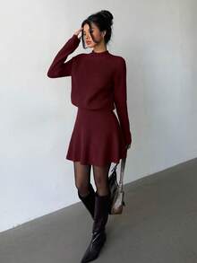 SHEIN Elenzya Women Loose Casual Round Neck Textured Top And Pleated Skirt 2 Pieces Set - Burgundy - View 3