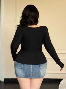 Vibekara Mùa xuân, mùa thu, mùa đông, mùa xuân/thu, mùa thu/đông, Áo thun dài tay cổ cao viền ren thanh lịch dành cho nữ, ôm dáng, thiết kế độc đáo, áo phối nhiều mảnh, áo dành cho người có đường cong, áo ba lỗ khoét ngực, áo cỡ lớn dành cho nữ. - màu đen - Xem 2