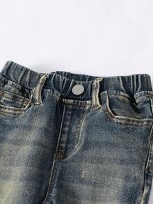 Baby Boy Fall Casual Fashionable All-Match Distressed Washed Vintage Dark Blue Elastic Denim Jeans - Dark Wash - View 4
