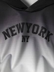 2件套青少年男孩休闲渐变色字母印花连帽衫和运动裤套装，秋冬 - 黑色 - 查看 5