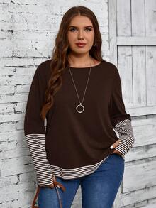 EMERY ROSE Plus Size Women Contrast Stripe Crew Neck Loose Casual Long Sleeve T-Shirt,Fall Winter Cozy Country Style Country Concert - Brown - View 4