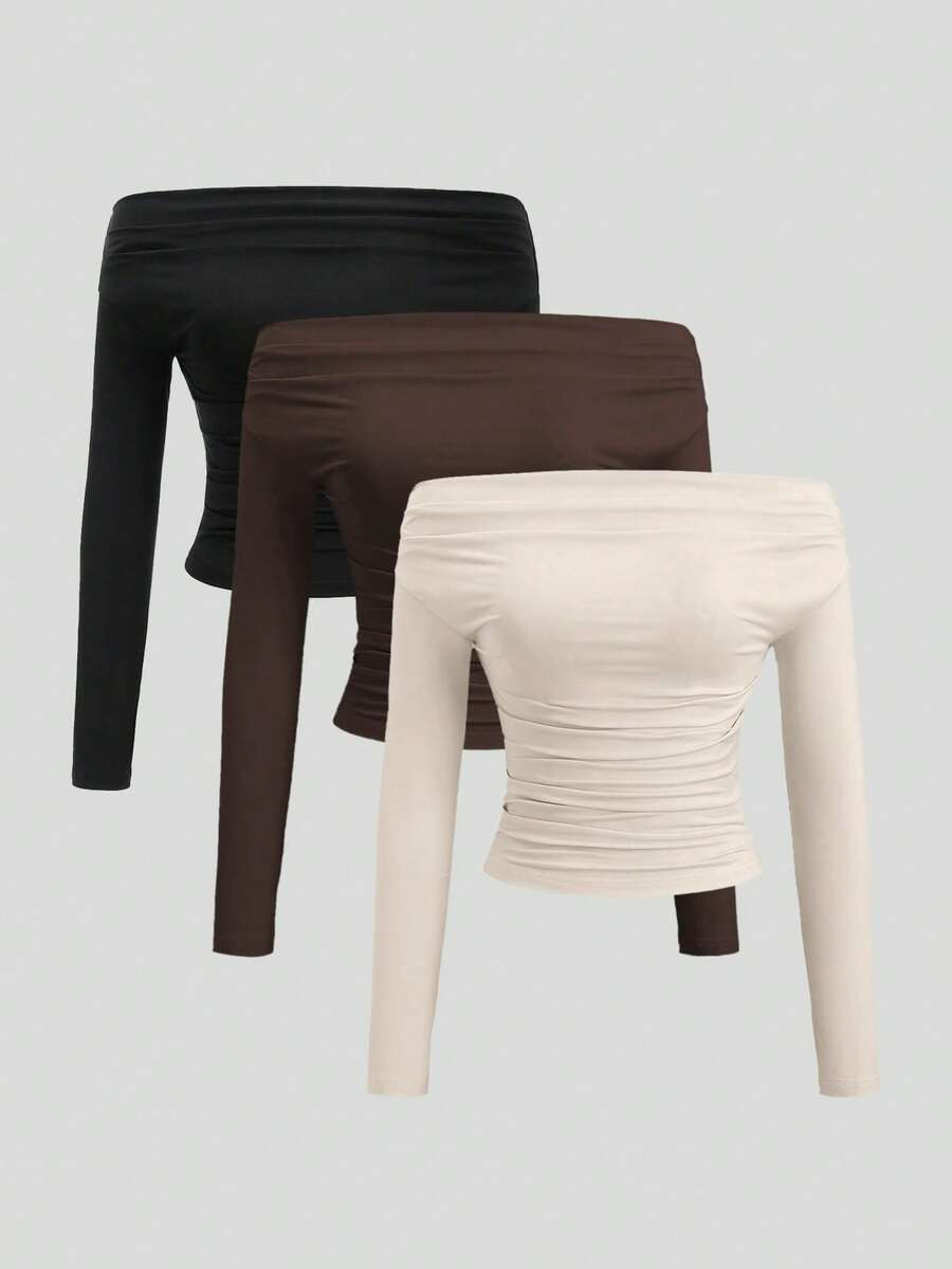 Sweetra 3pcs/Set Women's All-Match Off-Shoulder Long Sleeve Crop Top, Comfortable & Skin-Friendly, Slim Fit