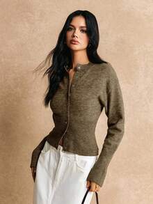 Poéselle Áo len cardigan dệt kim đơn giản, tay dài, màu trơn, cài nút phía trước, dáng ôm, ngắn, áo len nữ, áo len nữ, áo len dệt kim, quần áo mùa đông nữ, quần áo mùa thu nữ, FW24 - xanh quân đội - Xem 5