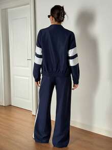 SHEIN Tall 新款休闲运动街头立领拉链长袖露肩外套+直筒阔腿裤玫紫色配白黑织带女两件套A - 藏蓝色 - 查看 2