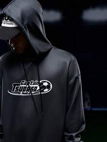 Captain Tsubasa X SHEIN Men's Casual Sports Anime Football Figure Letter Graphic Dropped Shoulder Loose Drawstring Hoodie And Sweatpants Set, Spring/Autumn - Dark Grey - View 5