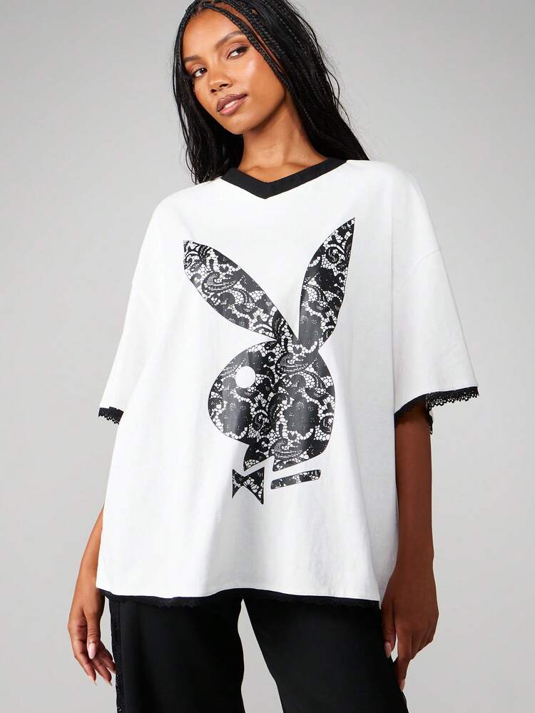 Missguided x Playboy Oversized Graphic Tee Snake Print Bunny Logo Short Sleeve V-Neck Cotton Blend Street Style Urban Fashion
