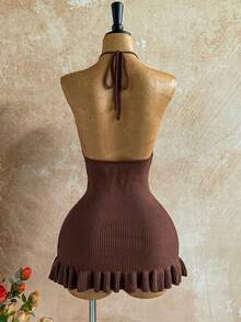 Soleia Váy ngắn cài nút cổ tròn, viền bèo nhún, hở lưng, dáng rộng mới, phù hợp cho kỳ nghỉ ở Ibiza, dễ thương và gợi cảm trên bãi biển, tiệc câu lạc bộ bãi biển, hẹn hò, ngày lễ tình nhân, lễ Phục sinh, lễ hội hóa trang, trà chiều, du ngoạn trên biển, kỳ nghỉ trên phố thành phố, mùa thu/đông, váy dày vừa phải - Cà phê nâu - Xem 2